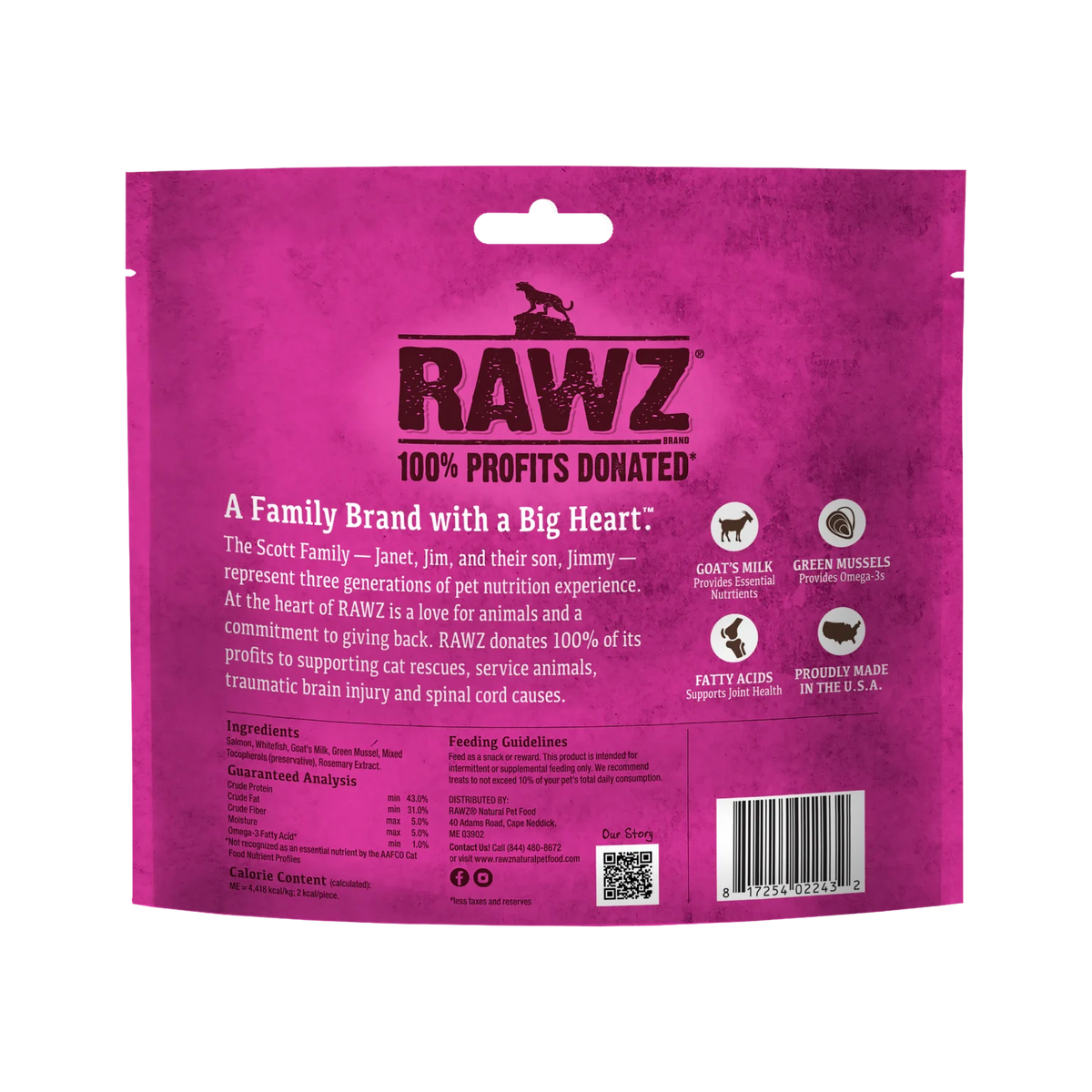 RAWZ Raw Freeze Dried Wild Caught Salmon, Goat's Milk & Green Mussels Cat Treats – 1 oz package, back label with ingredients