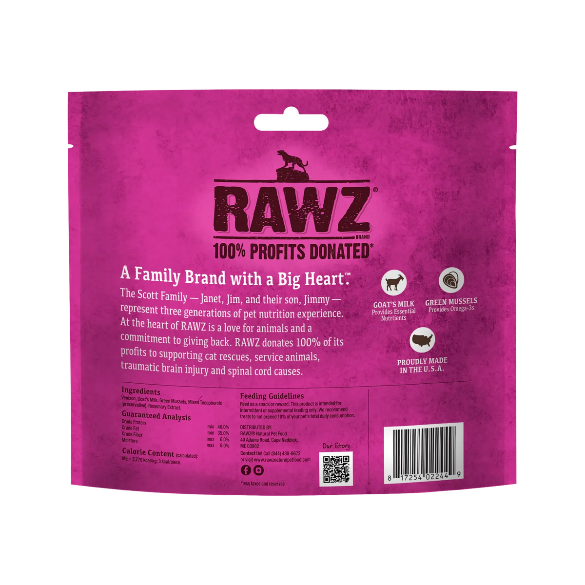 RAWZ Raw Freeze Dried Venison, Goat's Milk & Green Mussels Cat Treats – 1 oz package, back label with ingredients