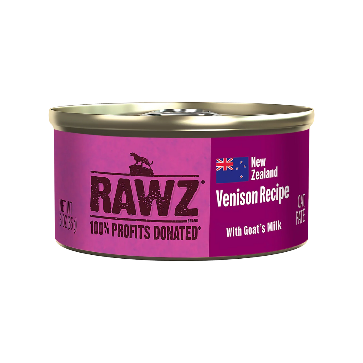 RAWZ 94% Venison Recipe with Goat's Milk Pate Cat Food – 3 oz package, front