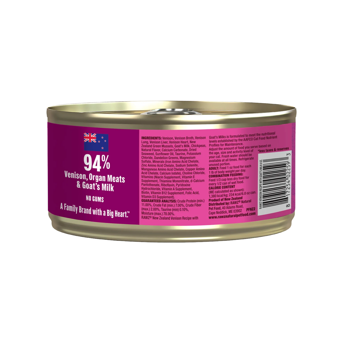 RAWZ 94% Venison Recipe with Goat's Milk Pate Cat Food – 6 oz package, back label with ingredients