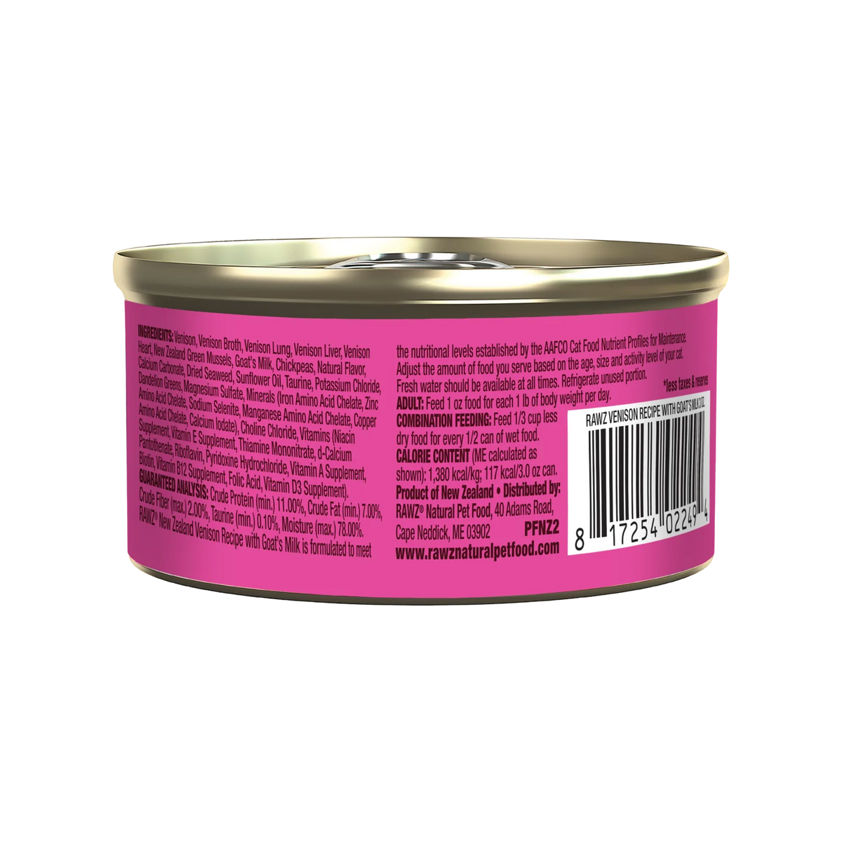 RAWZ 94% Venison Recipe with Green Mussels Pate Cat Food – 3 oz package, back label with ingredients