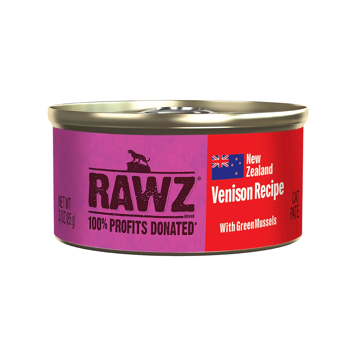 RAWZ 94% Venison Recipe with Green Mussels Pate Cat Food – 3 oz package, front