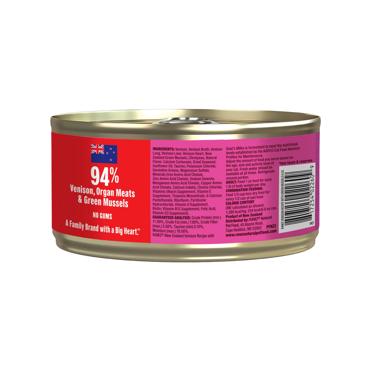 RAWZ 94% Venison Recipe with Green Mussels Pate Cat Food – 6 oz package, back label with ingredients