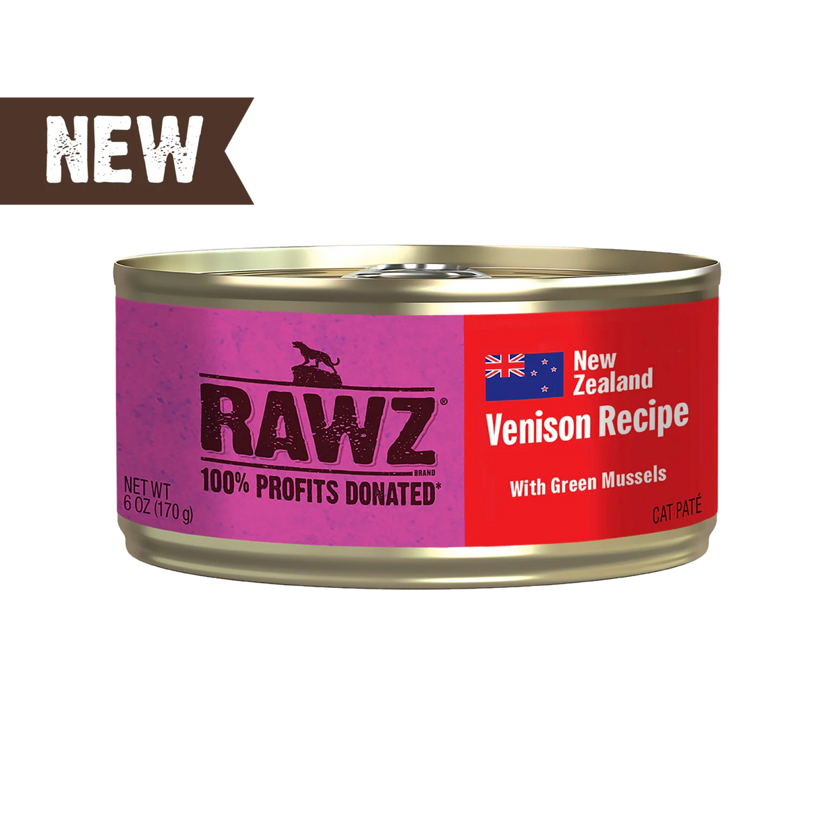 RAWZ 94% Venison Recipe with Green Mussels Pate Cat Food – 6 oz package, front