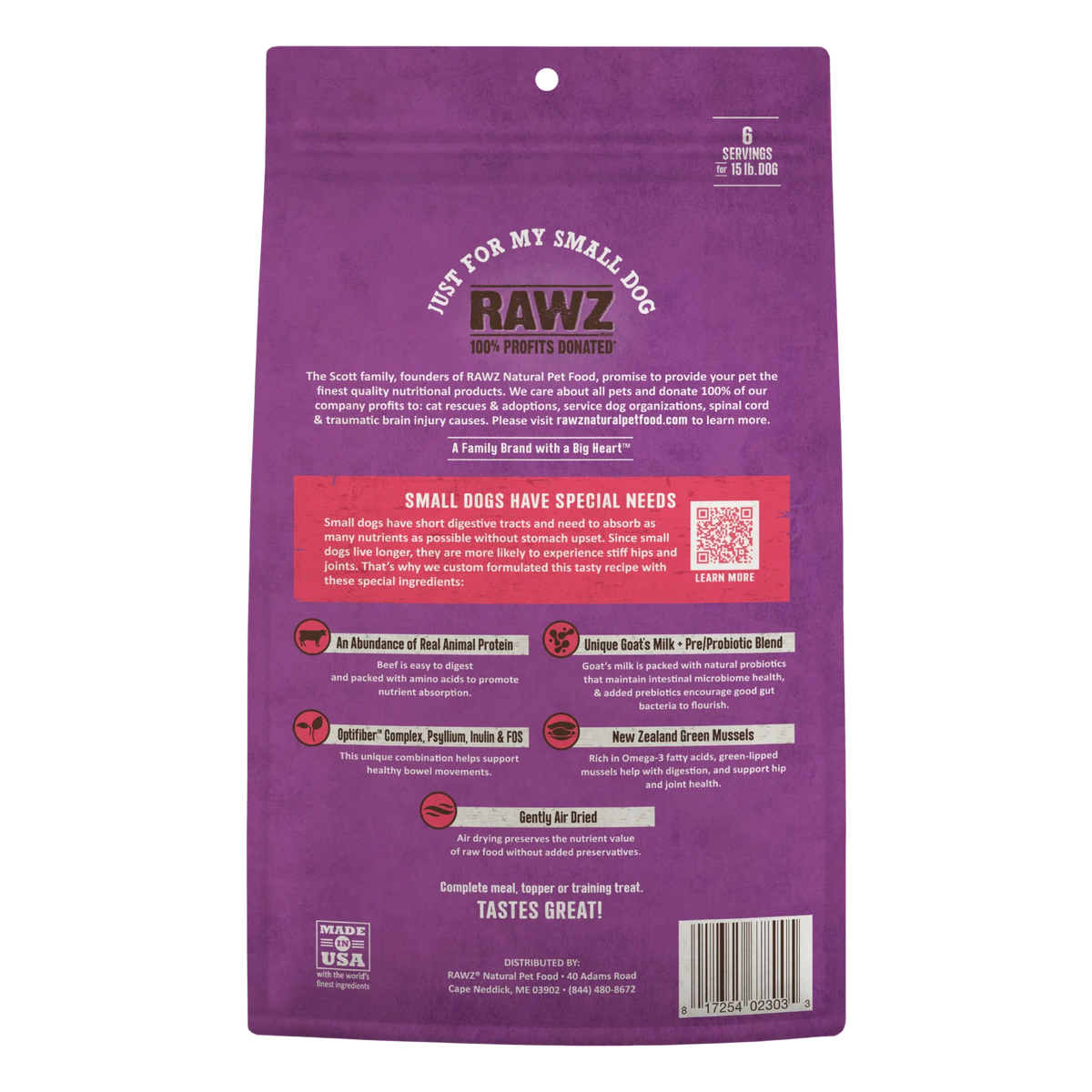 RAWZ Air Dried "Just For My Small Dog" Beef Recipe – 1 lb package, back label with ingredients