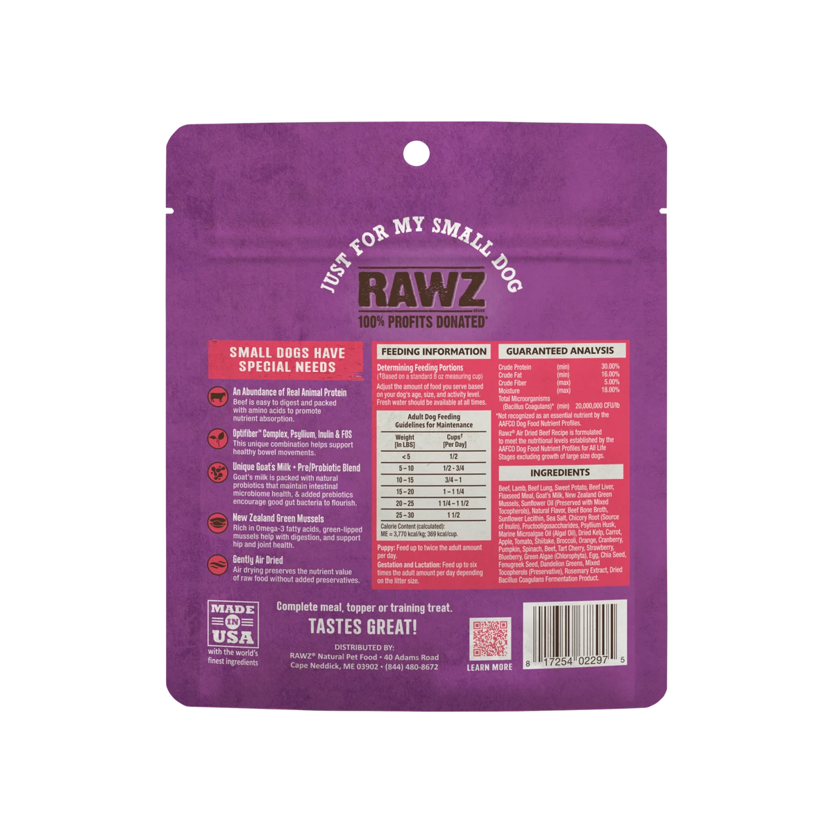 RAWZ Air Dried "Just For My Small Dog" Beef Recipe – 2.5 oz package, back label with ingredients