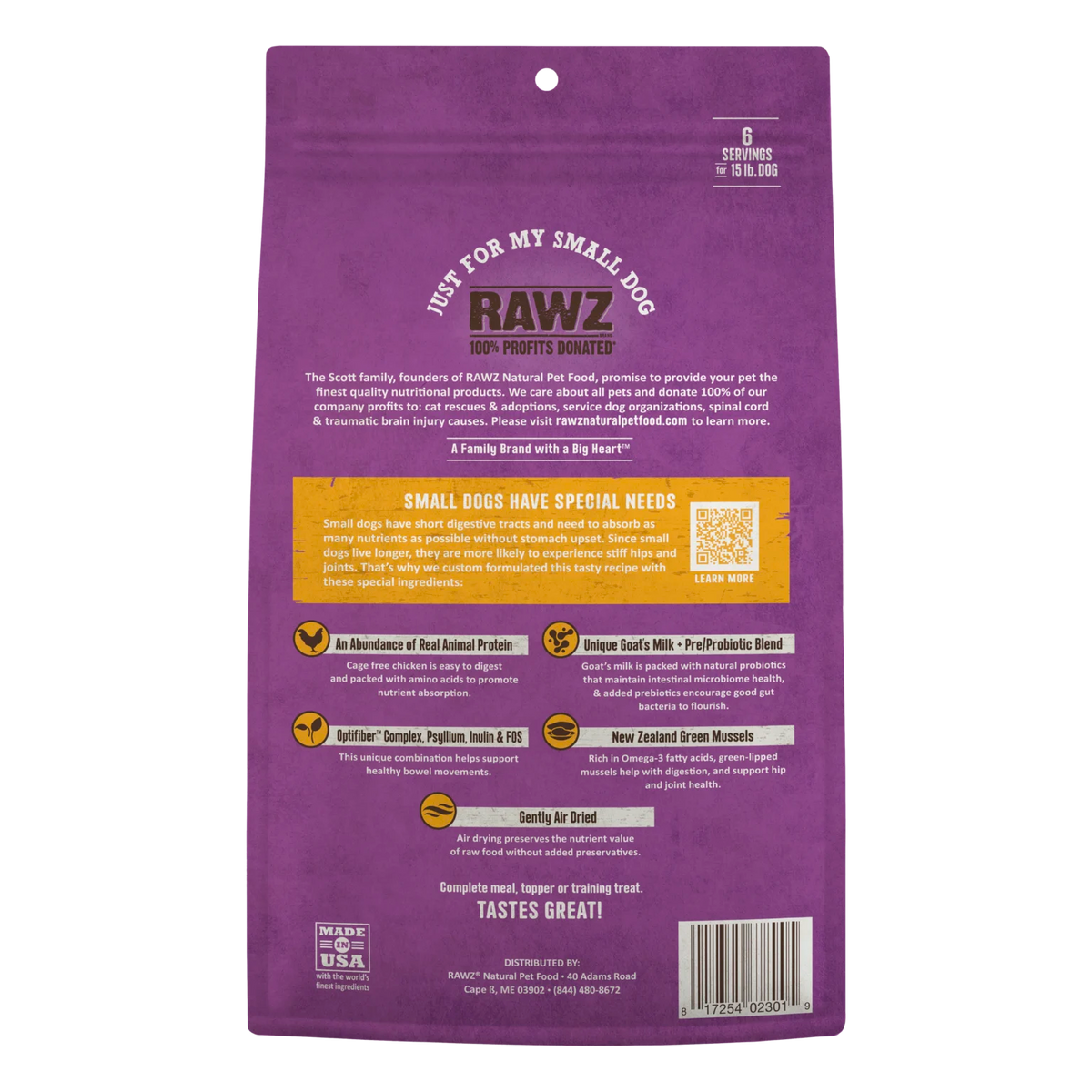 RAWZ Air Dried "Just For My Small Dog" Chicken Recipe – 1 lb package, back label with ingredients