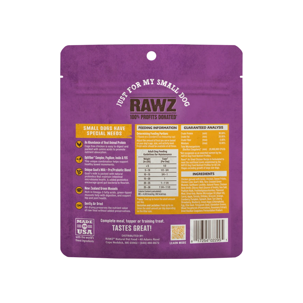 RAWZ Air Dried "Just For My Small Dog" Chicken Recipe – 2.5 oz package, back label with ingredients