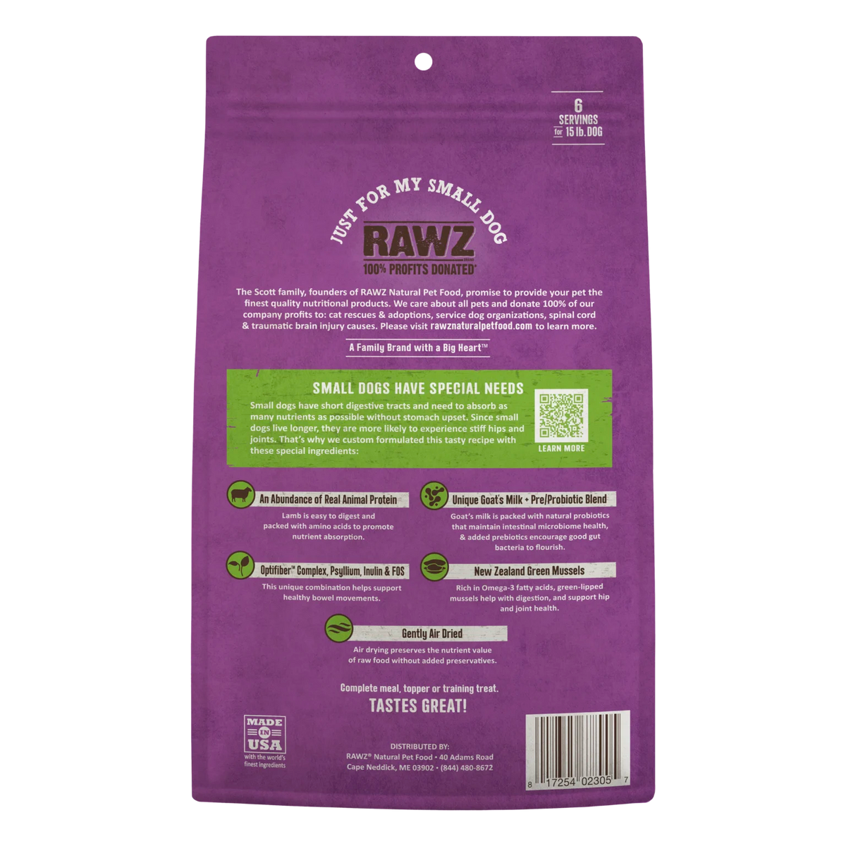 RAWZ Air Dried "Just For My Small Dog" Lamb Recipe – 1 lb package, back label with ingredients