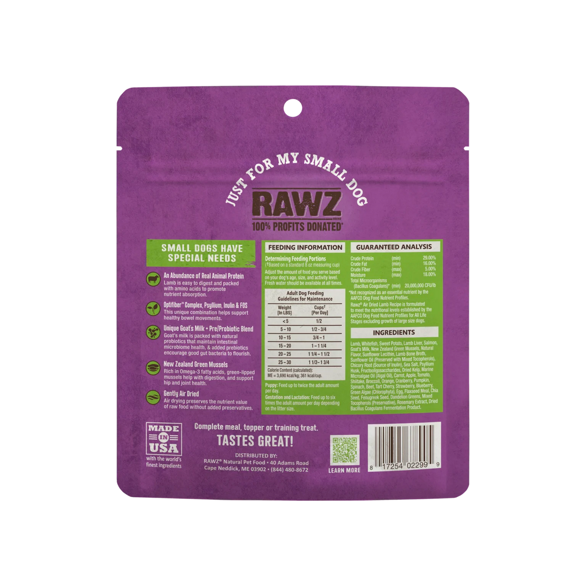 RAWZ Air Dried "Just For My Small Dog" Lamb Recipe – 2.5 oz package, back label with ingredients