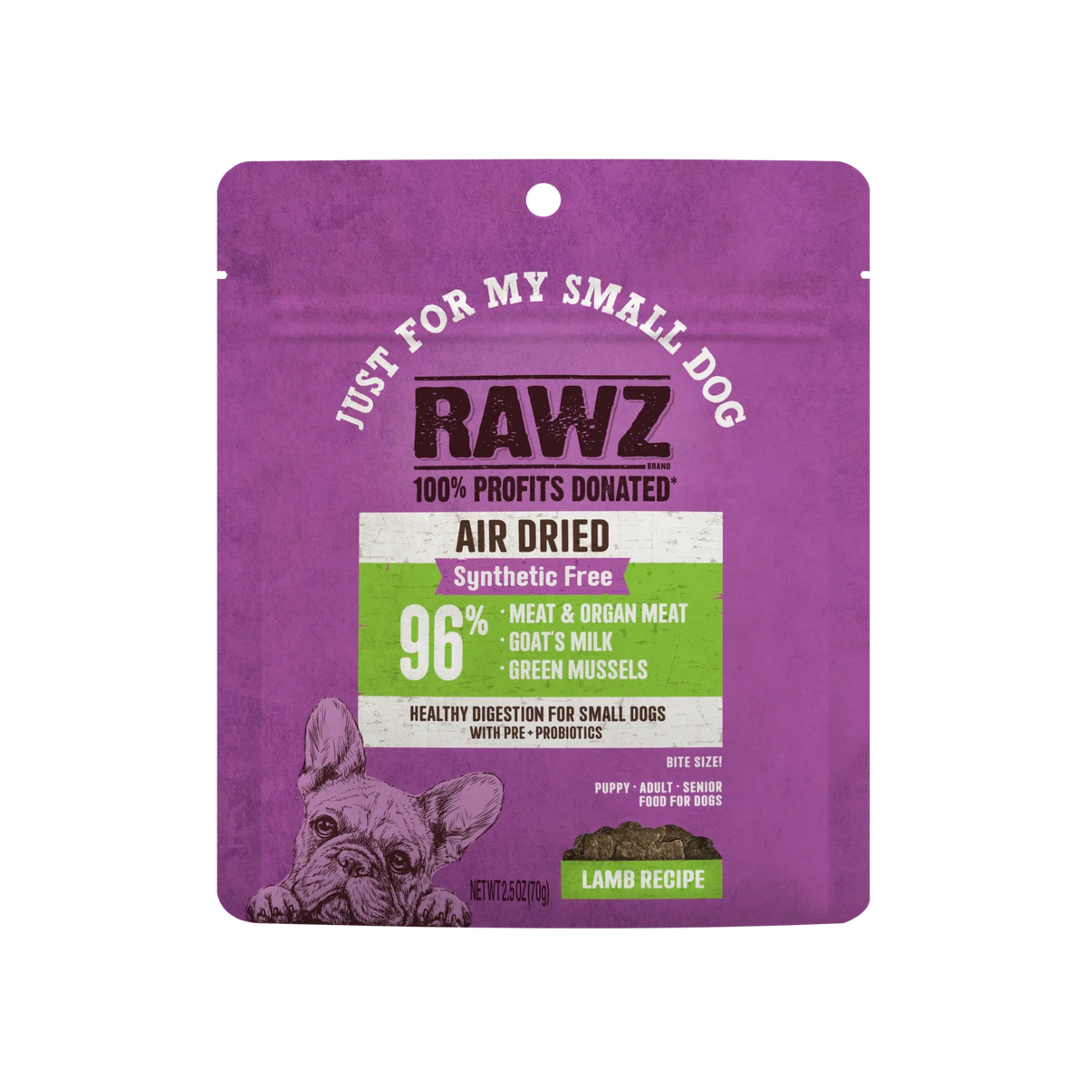 RAWZ Air Dried "Just For My Small Dog" Lamb Recipe – 2.5 oz package, front