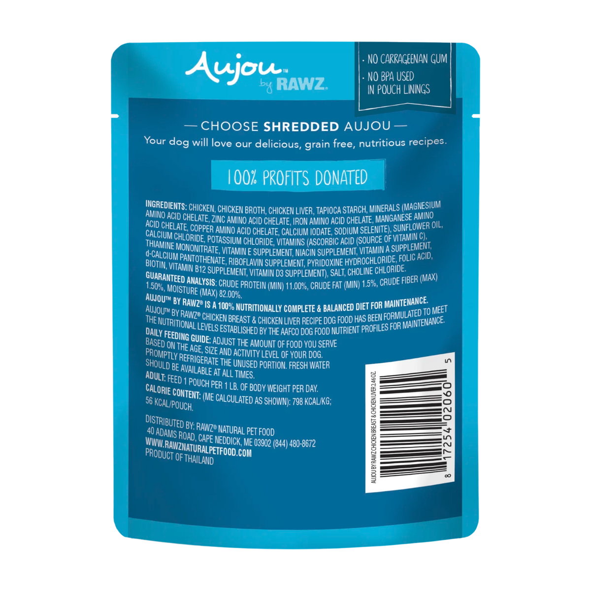 RAWZ Aujou Chicken Breast & Chicken Liver Dog Food Recipe – pouch, back label with ingredients
