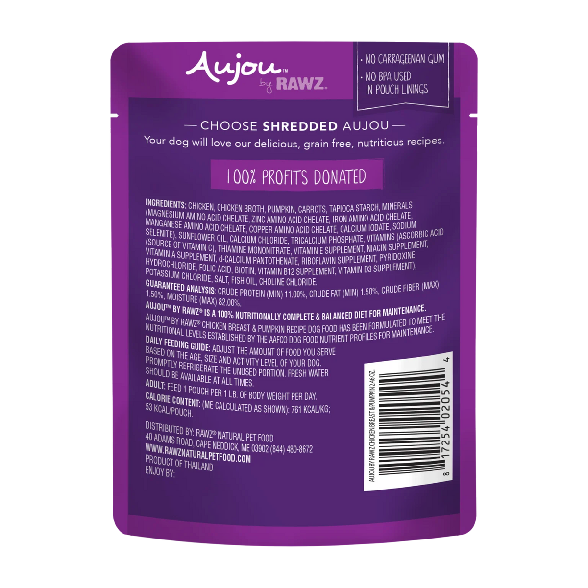 RAWZ Aujou Chicken Breast & Pumpkin Dog Food Recipe – pouch, back label with ingredients