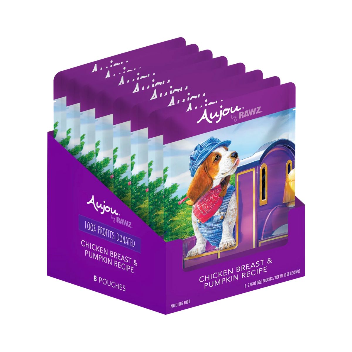 RAWZ Aujou Chicken Breast & Pumpkin Dog Food Recipe – pouch display tray