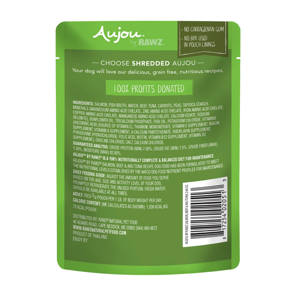 RAWZ Aujou Salmon, Beef & Aku Tuna Dog Food Recipe – pouch, back label with ingredients