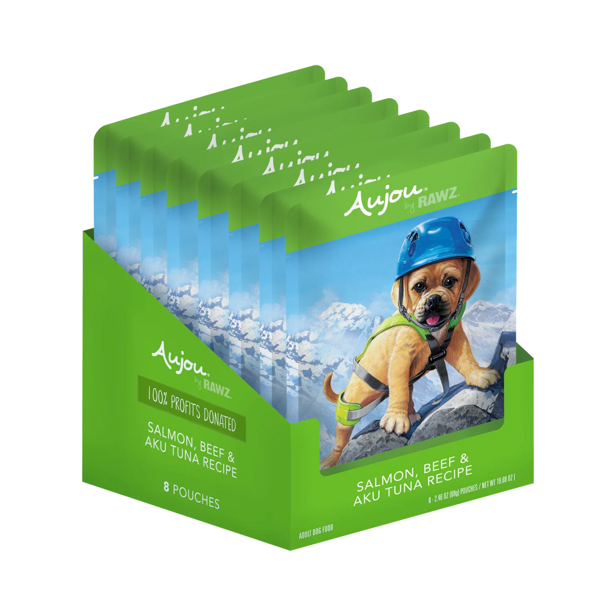 RAWZ Aujou Salmon, Beef & Aku Tuna Dog Food Recipe – pouch display tray