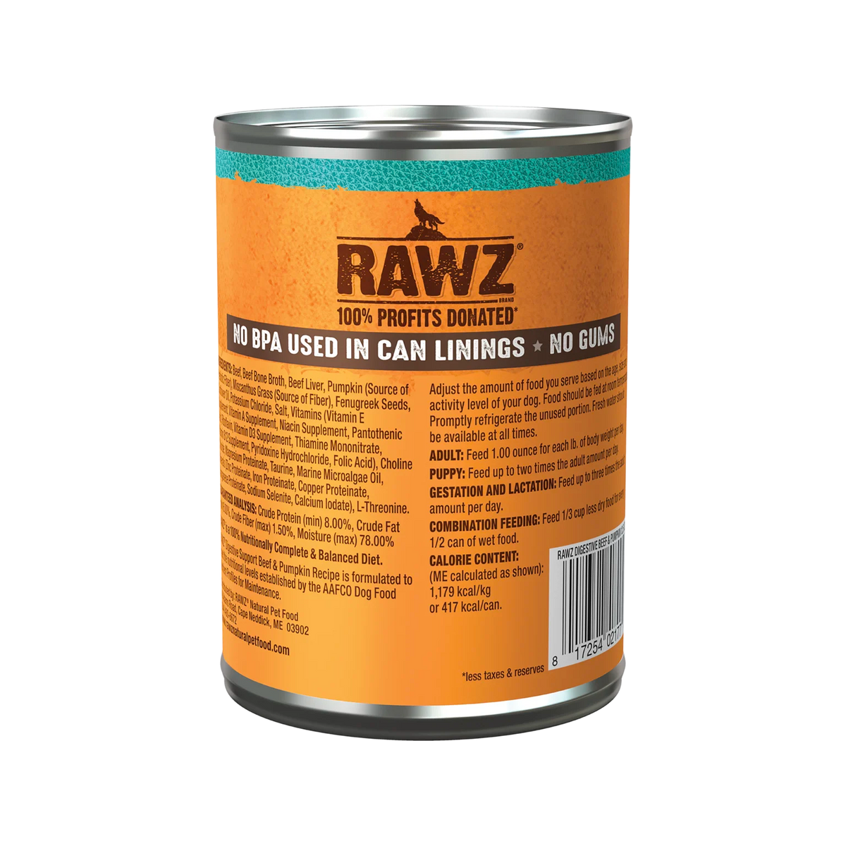 RAWZ Digestive Support Beef & Pumpkin Dog Food – 12.5 oz package, back label with ingredients