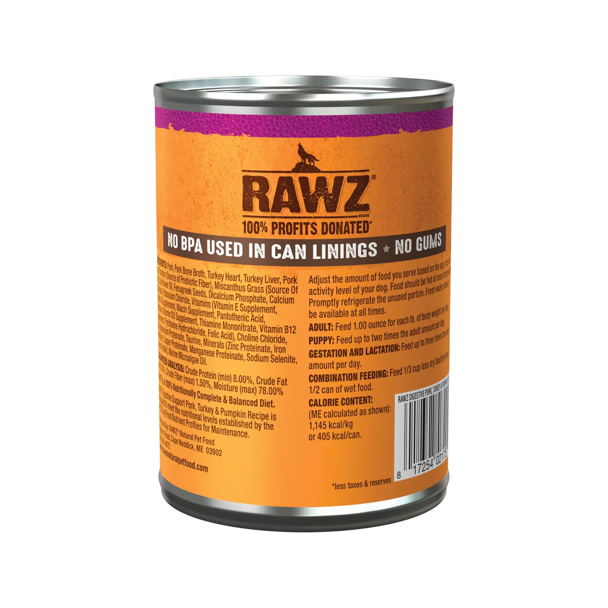 RAWZ Digestive Support Pork, Turkey & Pumpkin Dog Food – 12.5 oz package, back label with ingredients