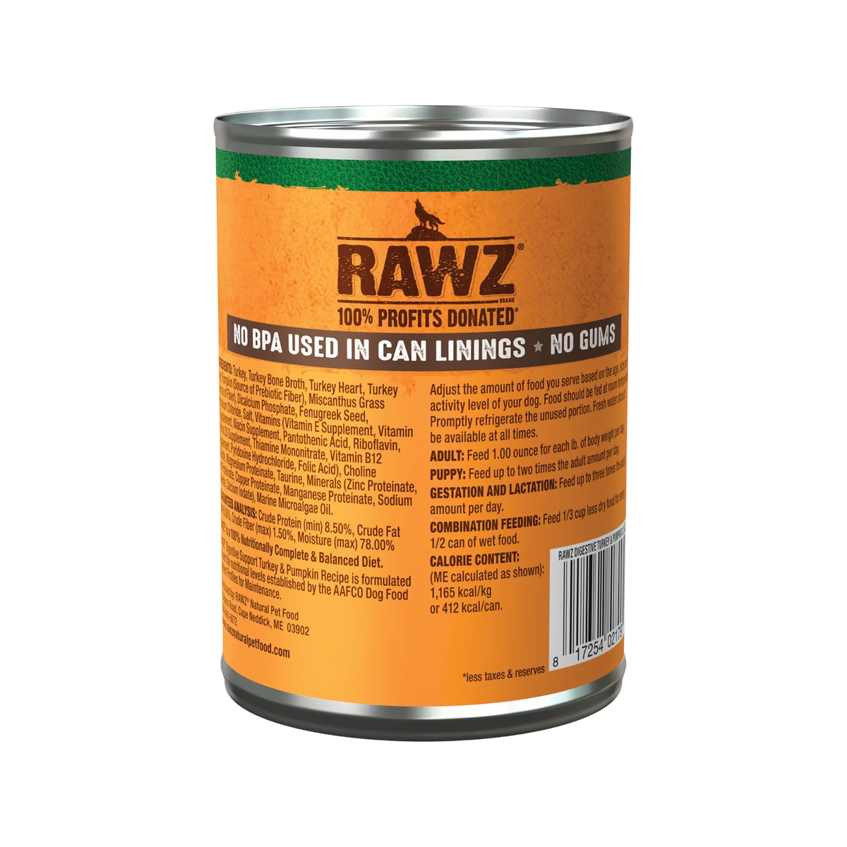RAWZ Digestive Support Turkey & Pumpkin Dog Food – 12.5 oz package, back label with ingredients