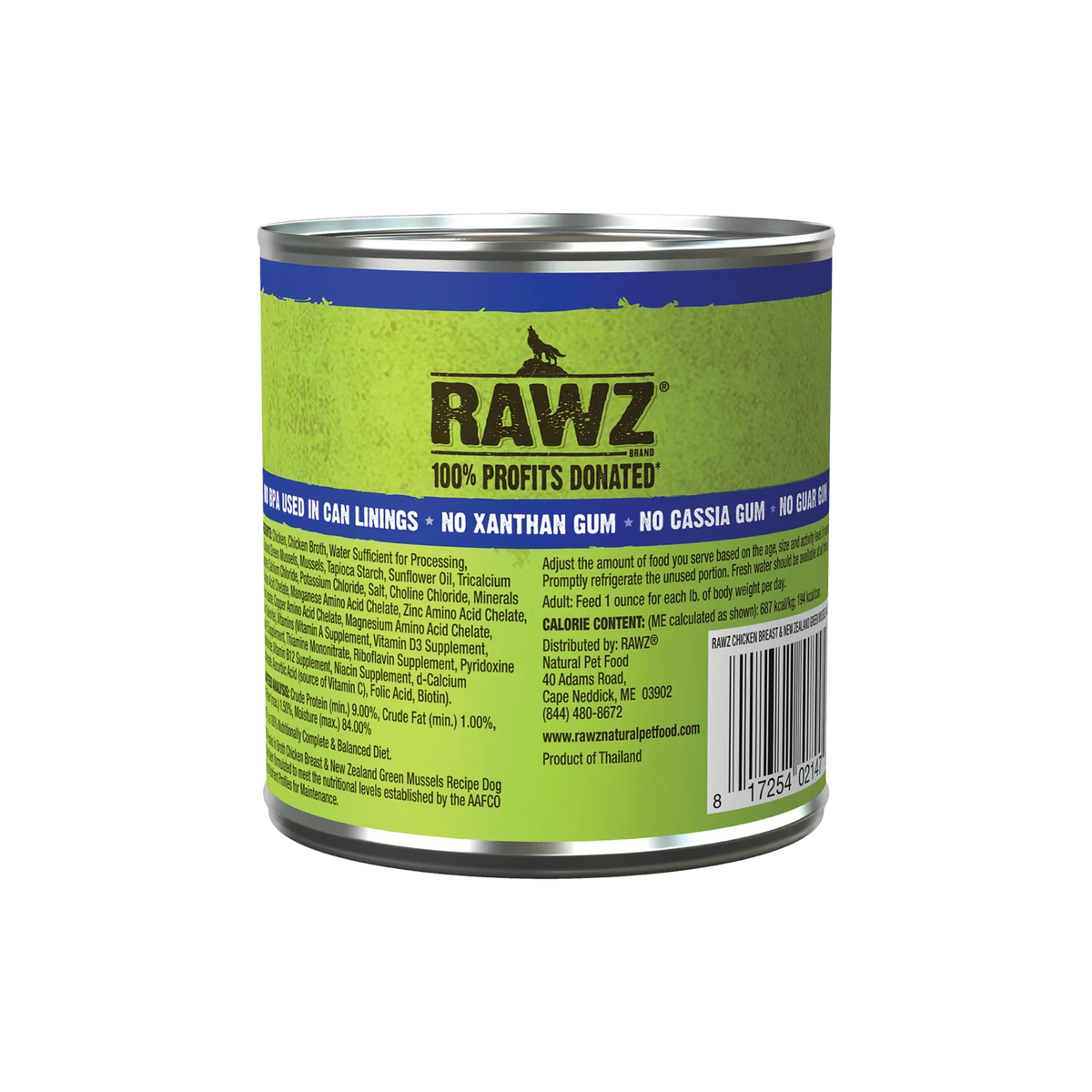 RAWZ Hunks In Broth Chicken Breast & New Zealand Green Mussels Dog Food Recipe – 10 oz package, back label with ingredients