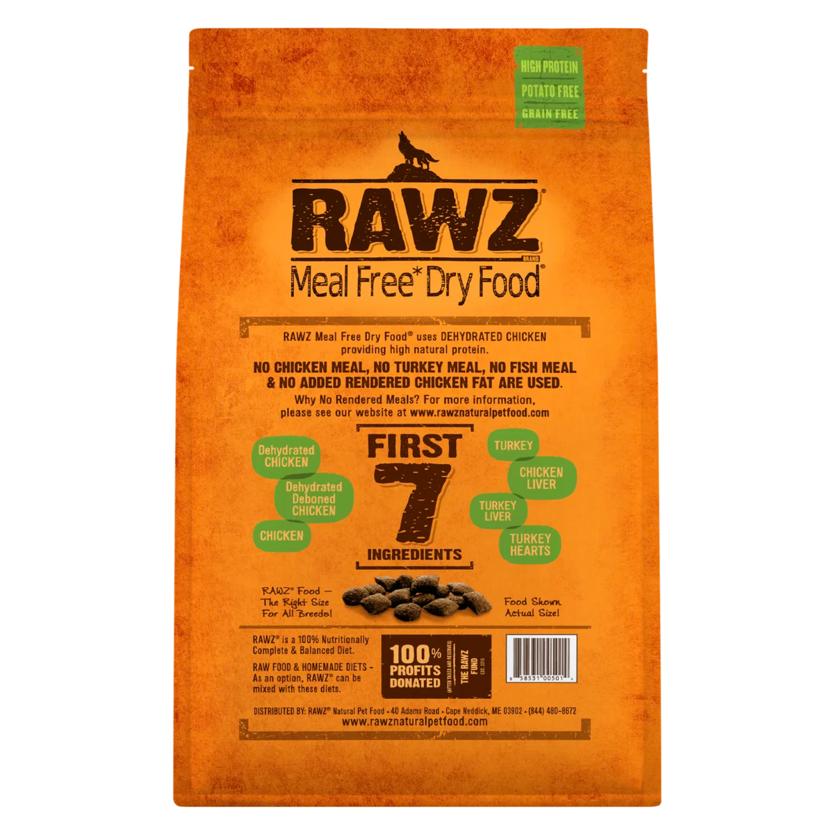 RAWZ Meal-Free Dehydrated Chicken, Turkey & Chicken Dog Food Recipe – 10 lb package, back label with ingredients