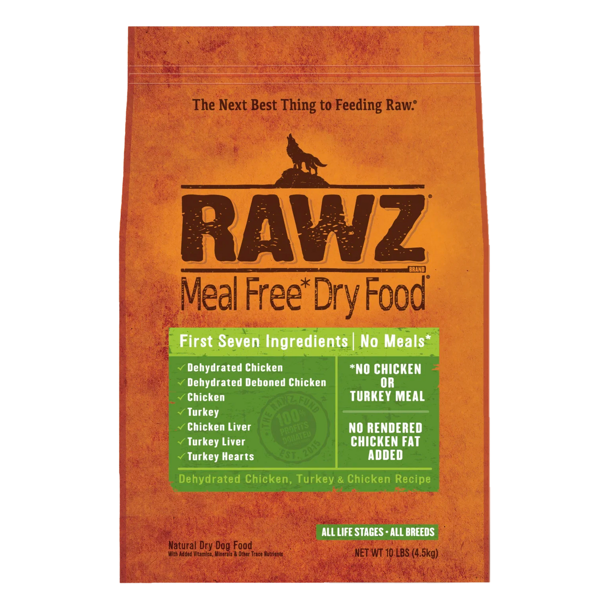 RAWZ Meal-Free Dehydrated Chicken, Turkey & Chicken Dog Food Recipe – 10 lb package, front