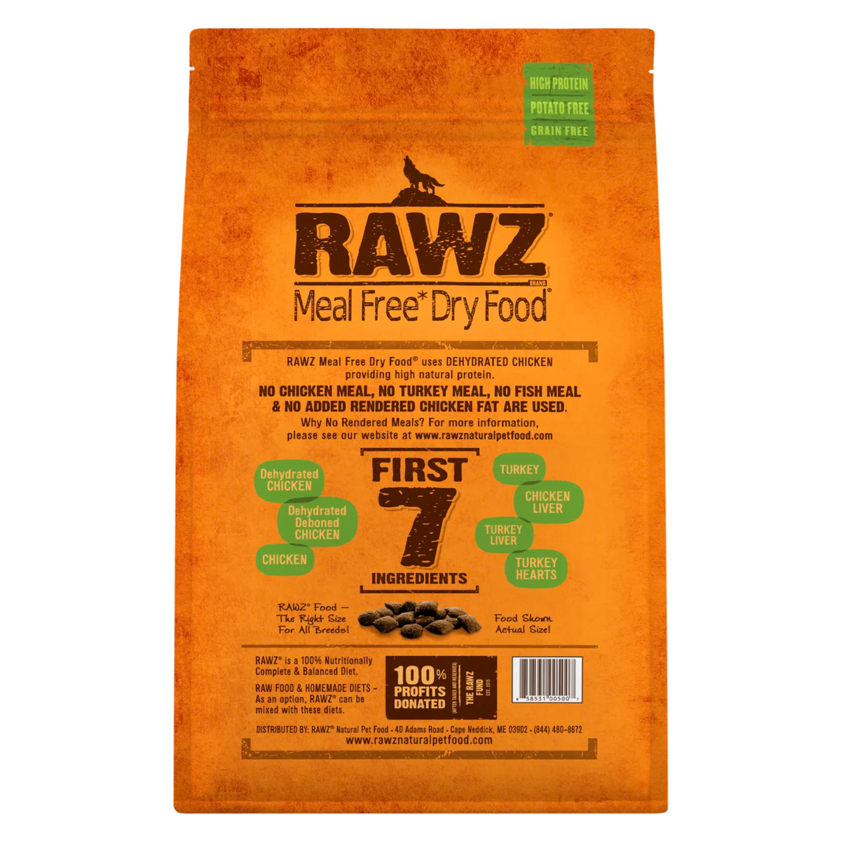 RAWZ Meal-Free Dehydrated Chicken, Turkey & Chicken Dog Food Recipe – 20 lb package, back label with ingredients
