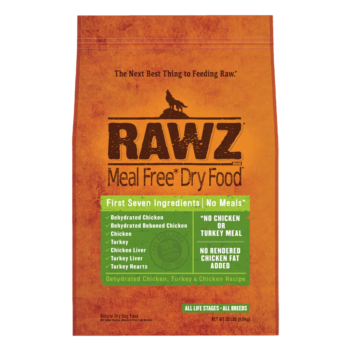 RAWZ Meal-Free Dehydrated Chicken, Turkey & Chicken Dog Food Recipe – 20 lb package, front