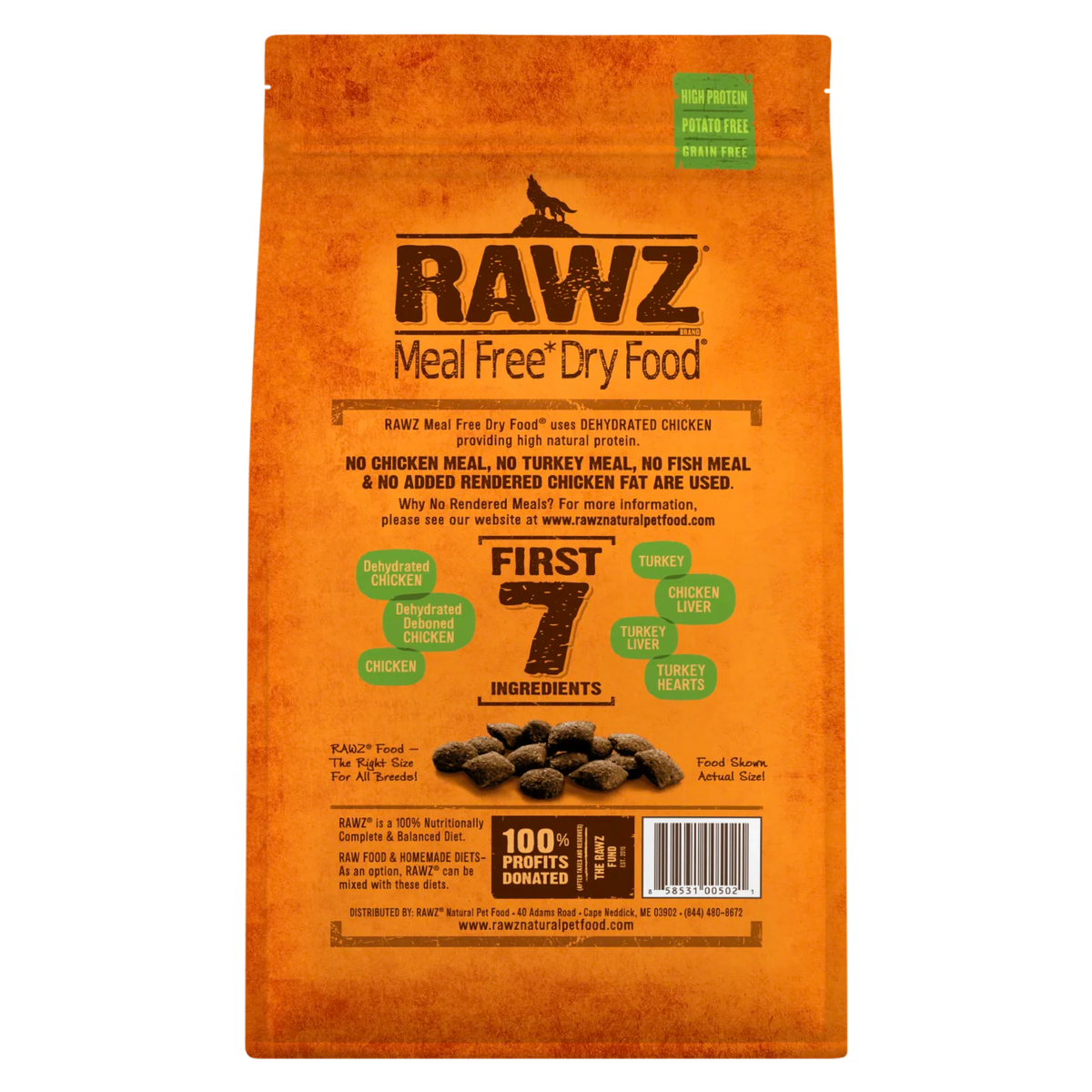 RAWZ Meal-Free Dehydrated Chicken, Turkey & Chicken Dog Food Recipe – 3.5 lb package, back label with ingredients