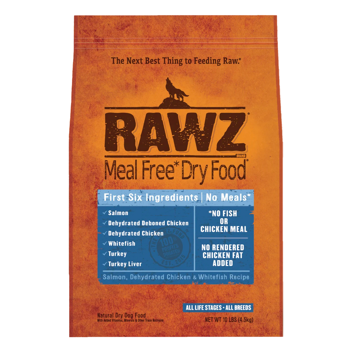 RAWZ Meal-Free Salmon, Dehydrated Chicken & Whitefish Dog Food Recipe – 10 lb package, front