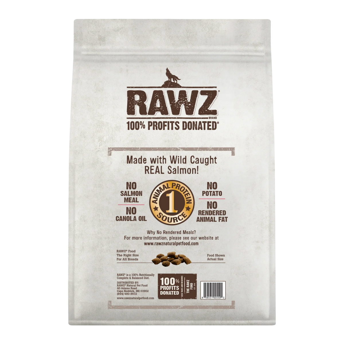 RAWZ Wild Caught Salmon Dog Food Limited Recipe – 10 lb package, back label with ingredients