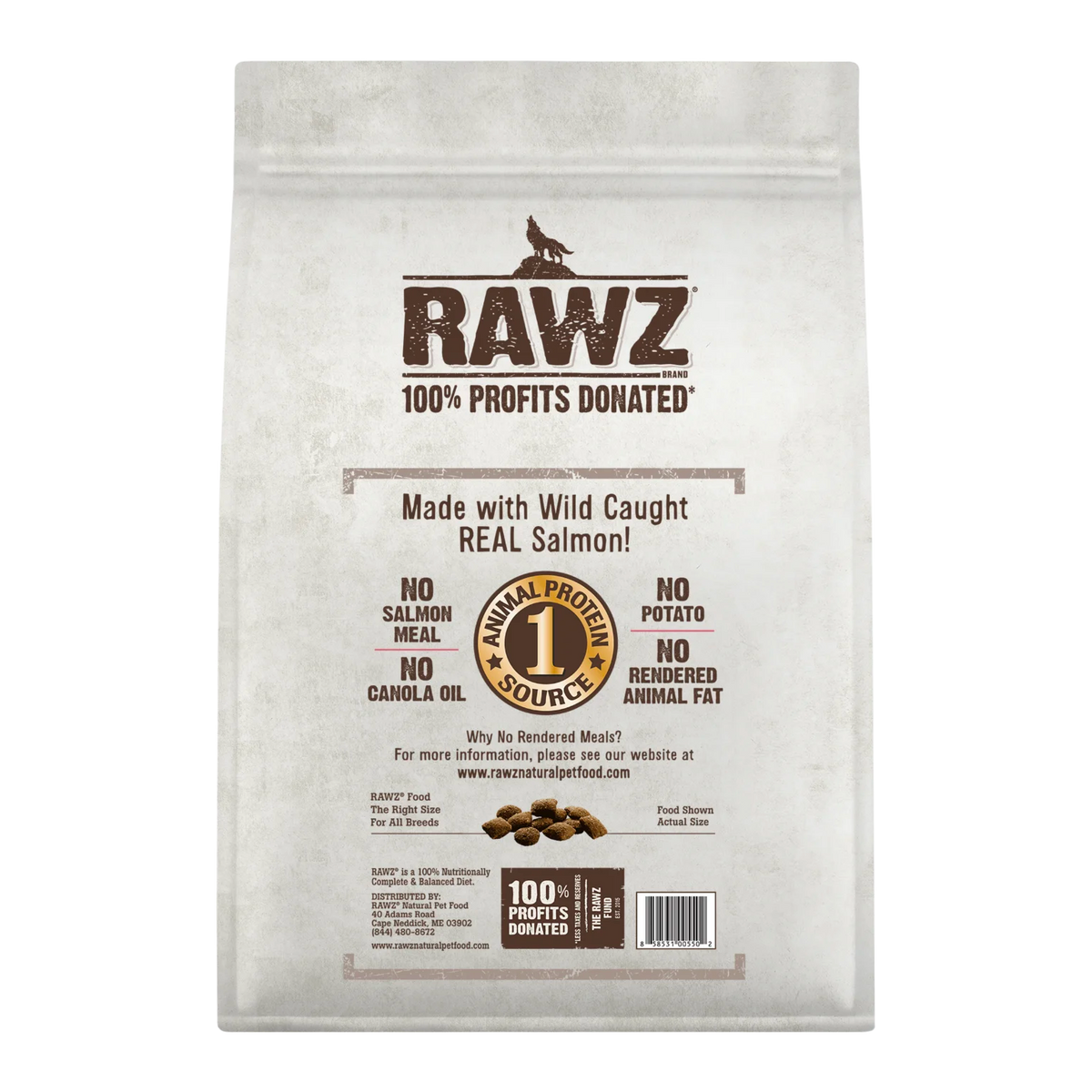 RAWZ Wild Caught Salmon Dog Food Limited Recipe – 20 lb package, back label with ingredients