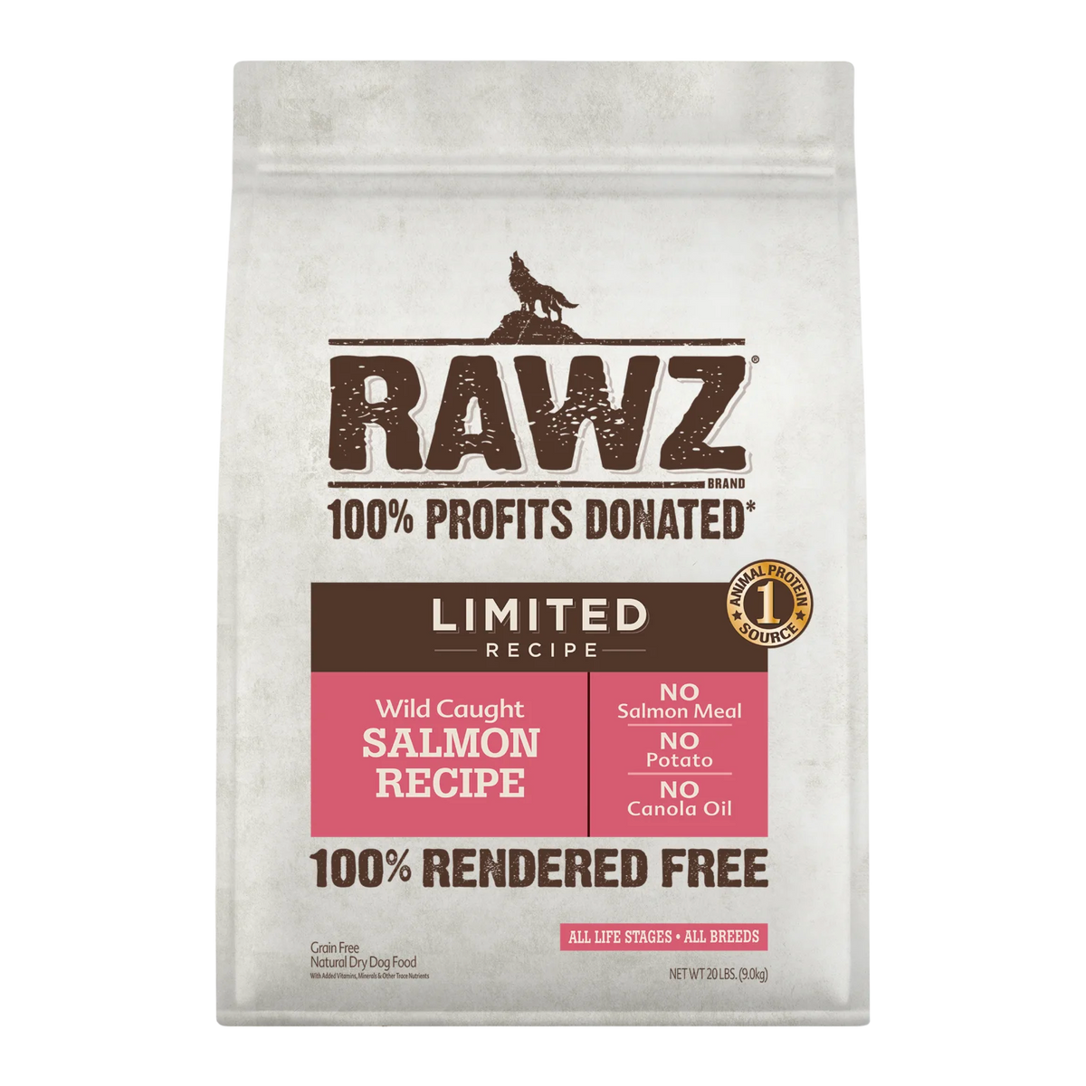 RAWZ Wild Caught Salmon Dog Food Limited Recipe – 20 lb package, front