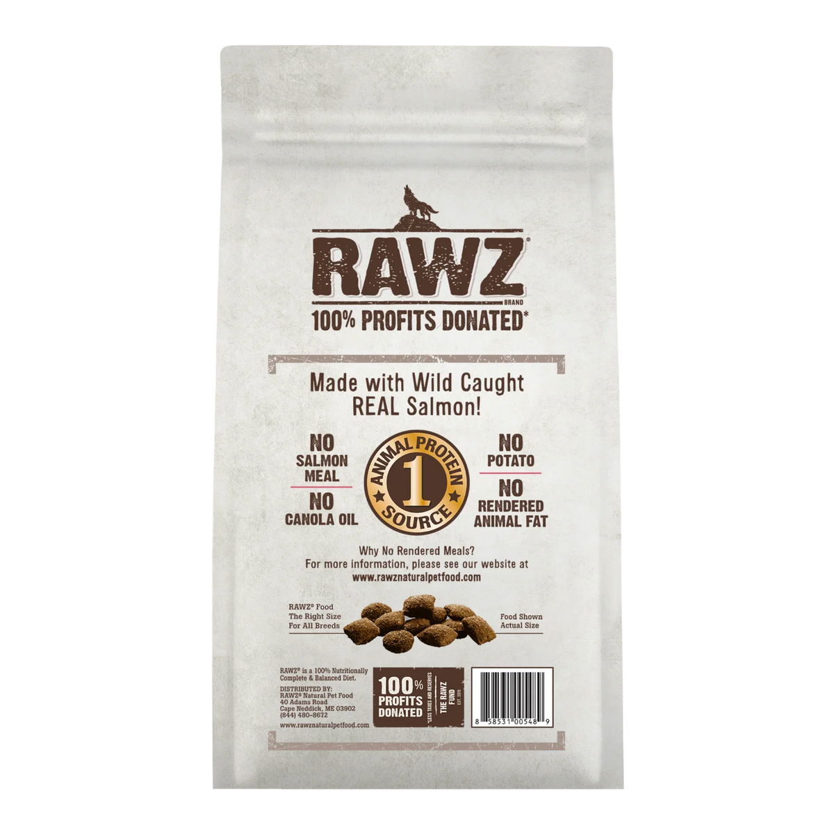 RAWZ Wild Caught Salmon Dog Food Limited Recipe – 3.5 lb package, back label with ingredients