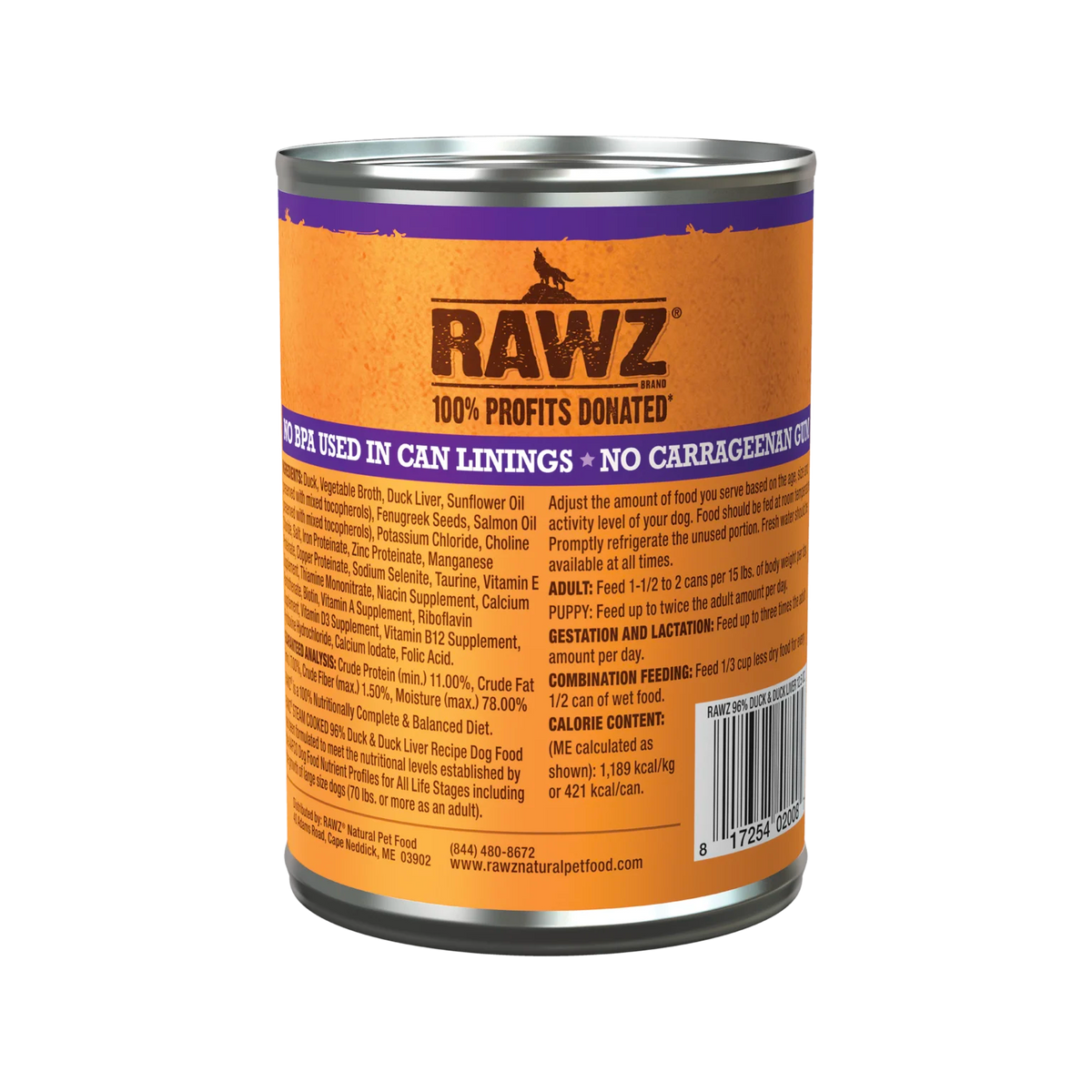 RAWZ 96% Duck & Duck Liver Dog Food – 12.5 oz package, back label with ingredients