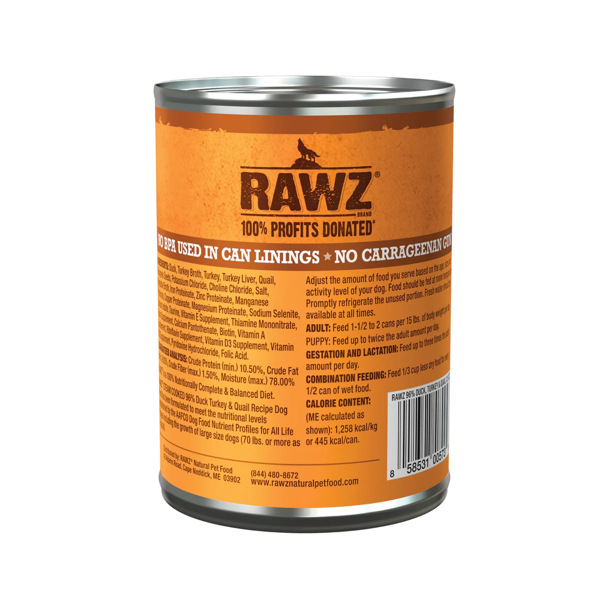 RAWZ 96% Duck, Turkey & Quail Dog Food – 12.5 oz package, back label with ingredients