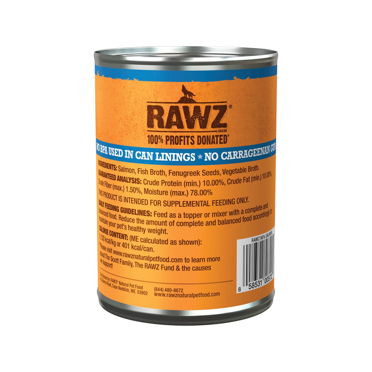 RAWZ 96% Salmon Dog Food – 12.5 oz package, back label with ingredients
