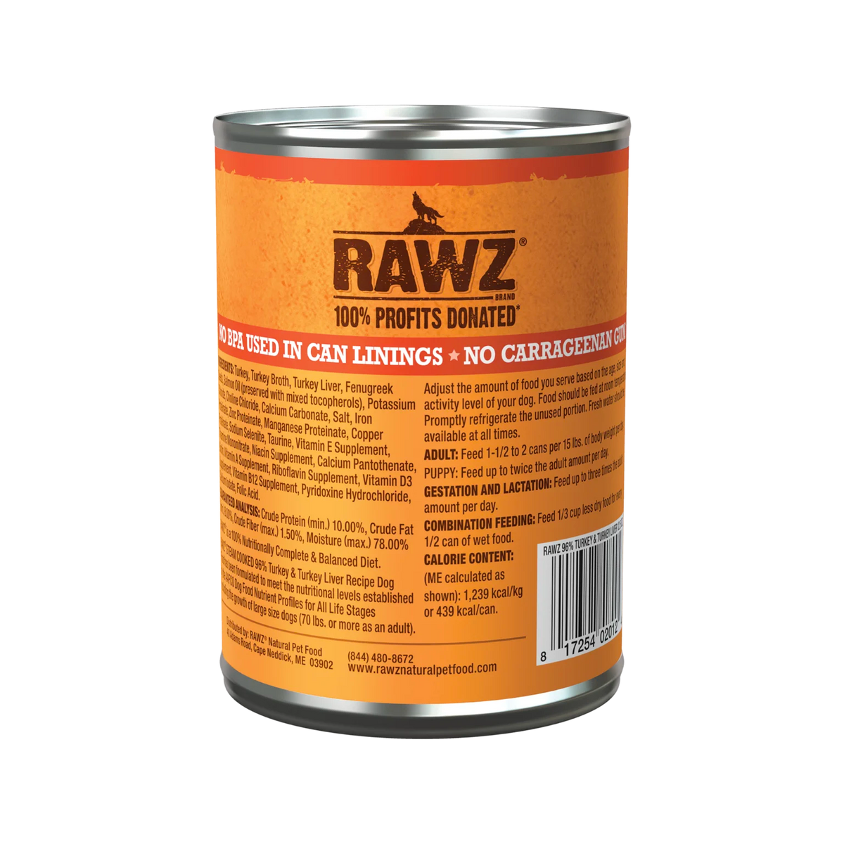 RAWZ 96% Turkey & Turkey Liver Dog Food – 12.5 oz package, back label with ingredients