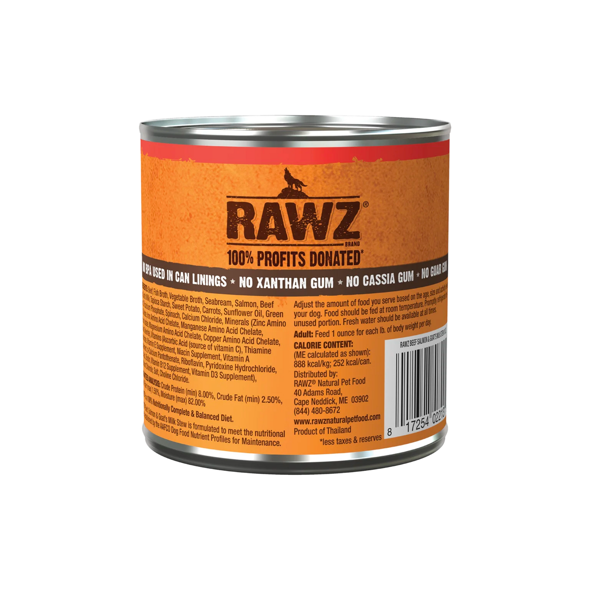 RAWZ Stew - Beef, Salmon & Goat's Milk Dog Food – 10 oz package, back label with ingredients