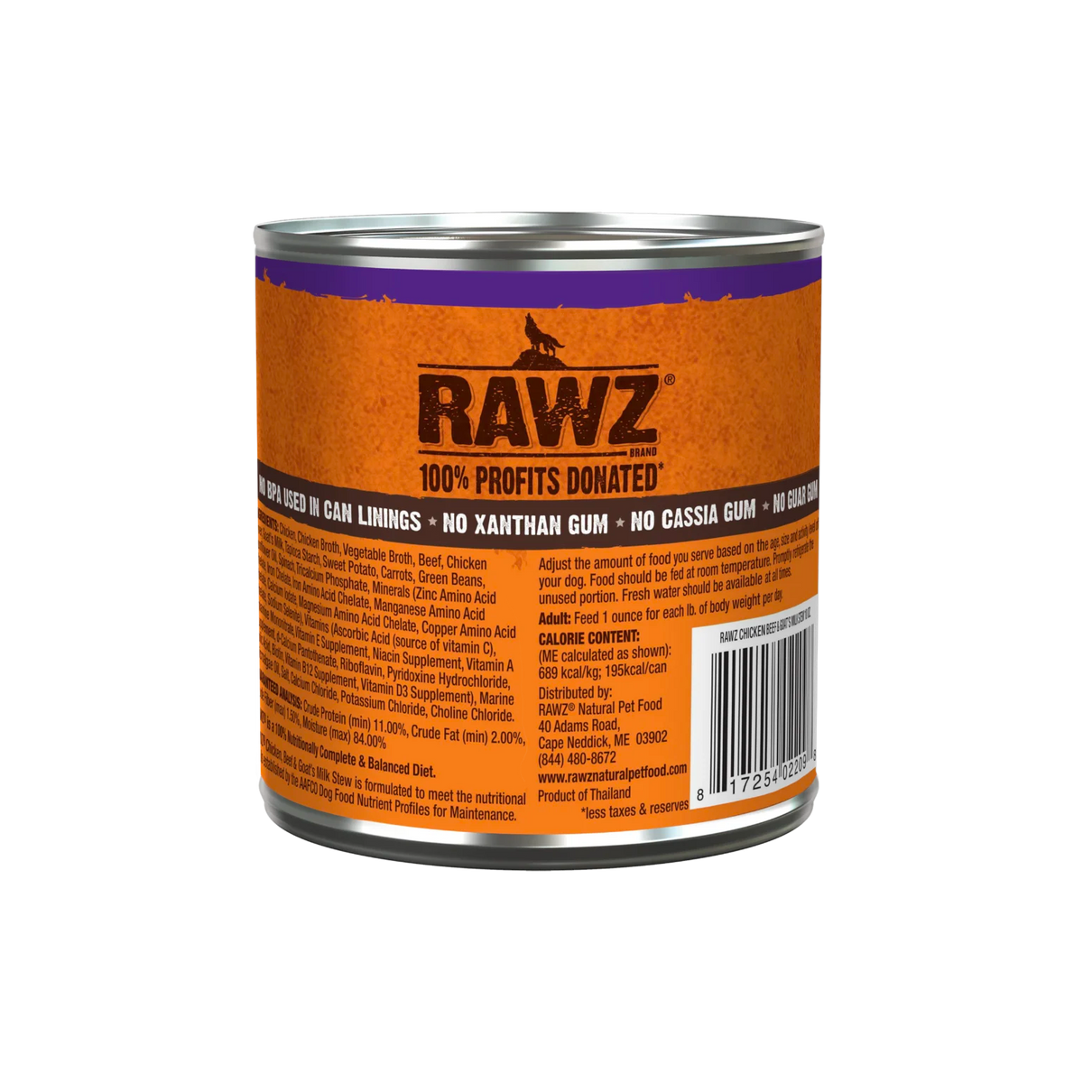 RAWZ Stew - Chicken, Beef & Goat's Milk Dog Food – 10 oz package, back label with ingredients