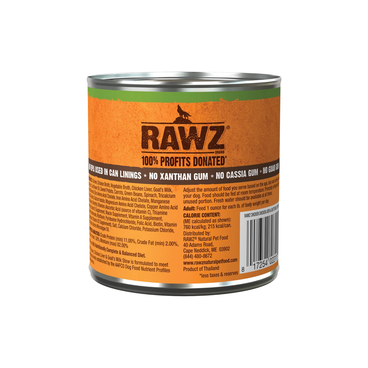 RAWZ Stew - Chicken, Chicken Liver & Goat's Milk Dog Food – 10 oz package, back label with ingredients