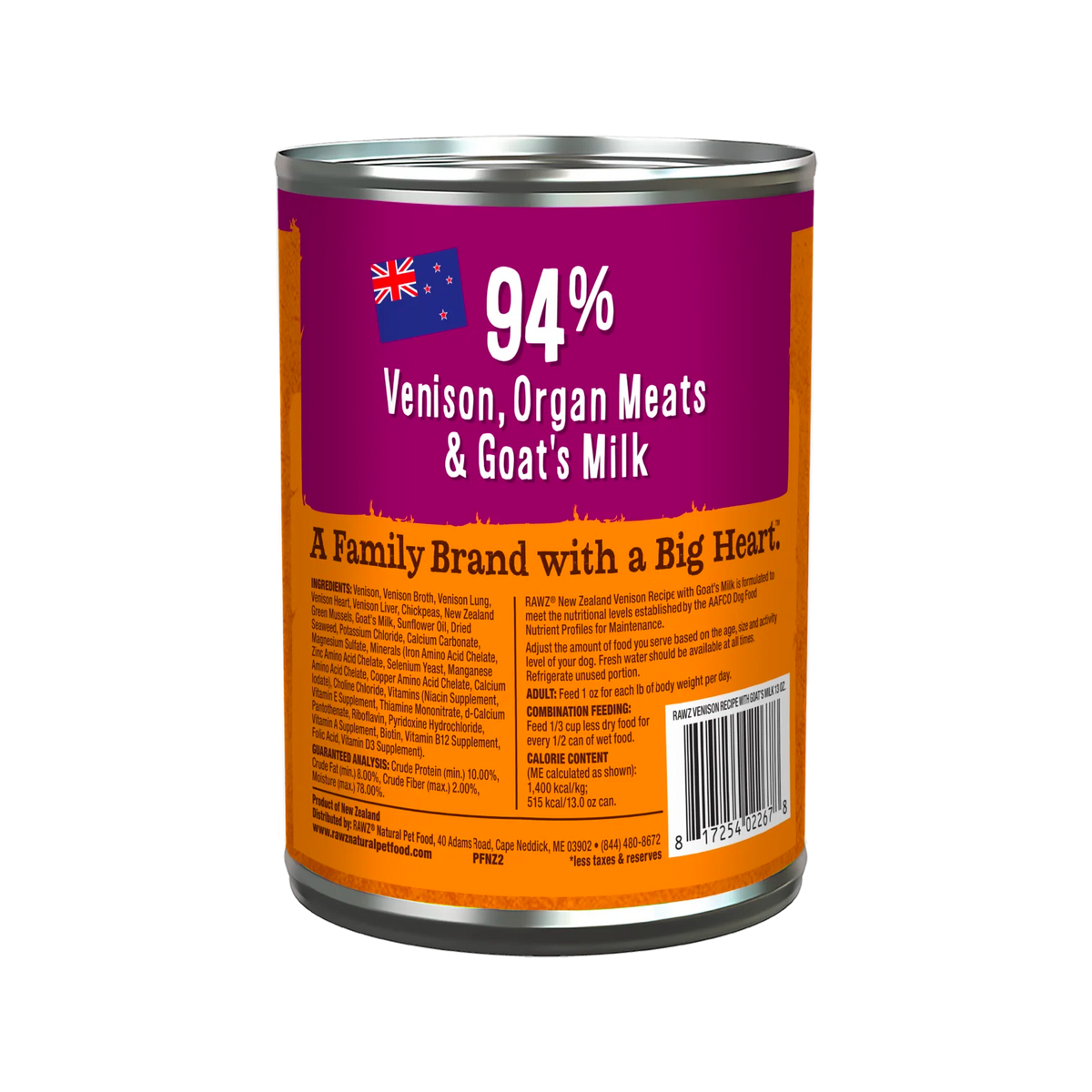 RAWZ 94% Venison Recipe with Goat's Milk Pate Dog Food – 13 oz package, back label with ingredients