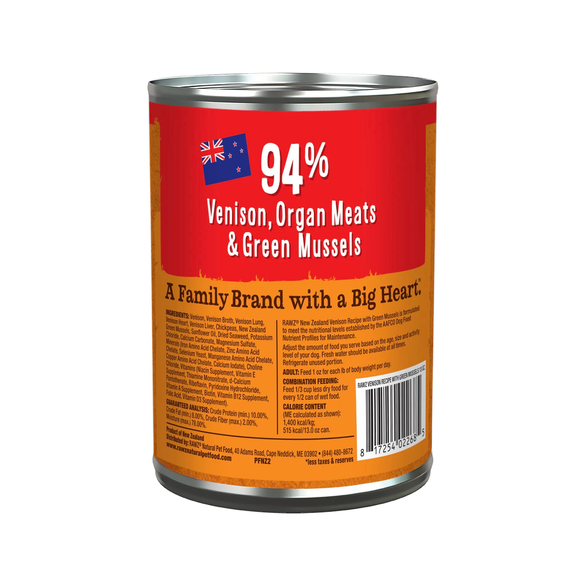 RAWZ 94% Venison Recipe with Green Mussels Pate Dog Food – 13 oz package, back label with ingredients