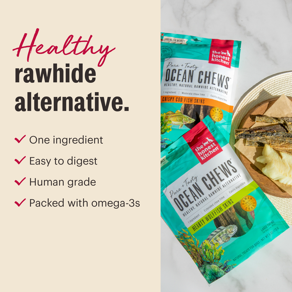 The Honest Kitchen Ocean Chews Hearty Wolffish Skins Beams Dog Treats