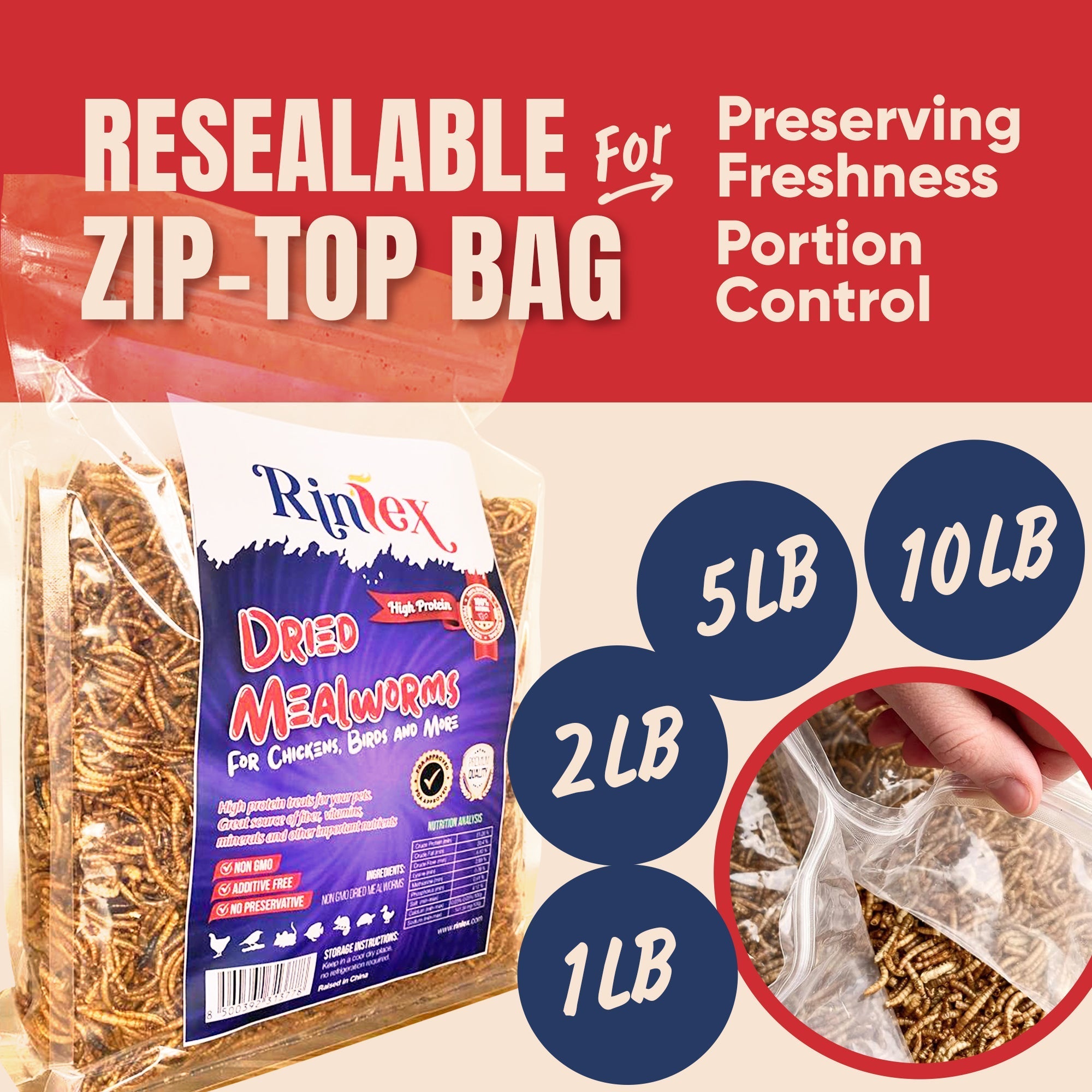 Rinlex Non-GMO Dried Mealworms-High-Protein Mealworms for Wild Bird,Chicken, Ducks,Fish,Reptile, Tortoise, Amphibian,Lizard 5 lb