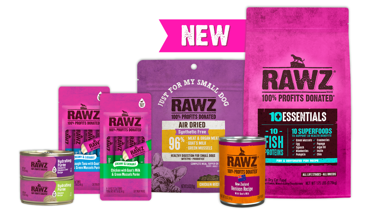 Rawz dry food, canned food, air dried food and lickable treats for cats and dogs