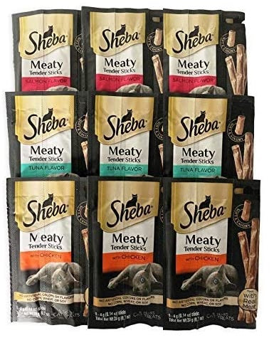 (9 Pack) Sheba-MeatyTender Sticks veritable Pack 5 Packs of 3 Flavor (3 Salmon, 3 Chicken, 3 Tuna) 45 Sticks