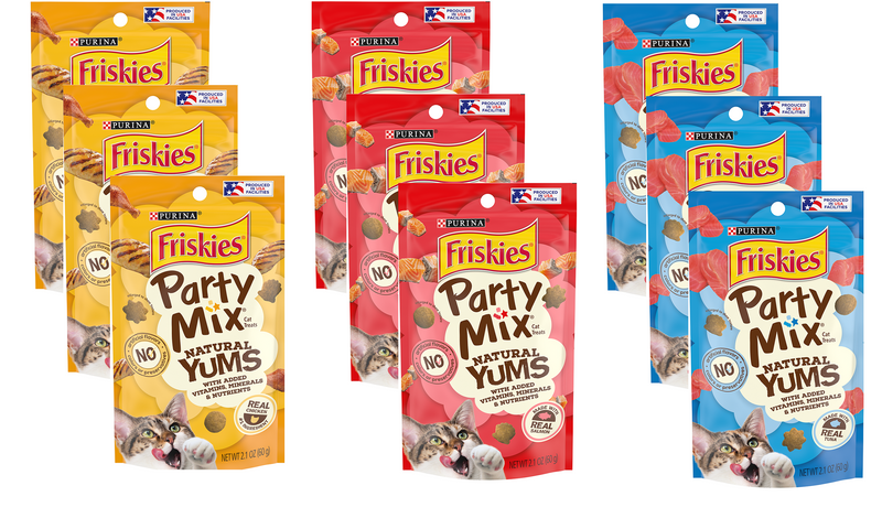 (9 Pack ) Friskie-Party Mix Natural YUMS with Real Variety Packs(3 Tuna, 3 Salmon,3 Chicken) Cat Treats 2,1 oz 60 gr
