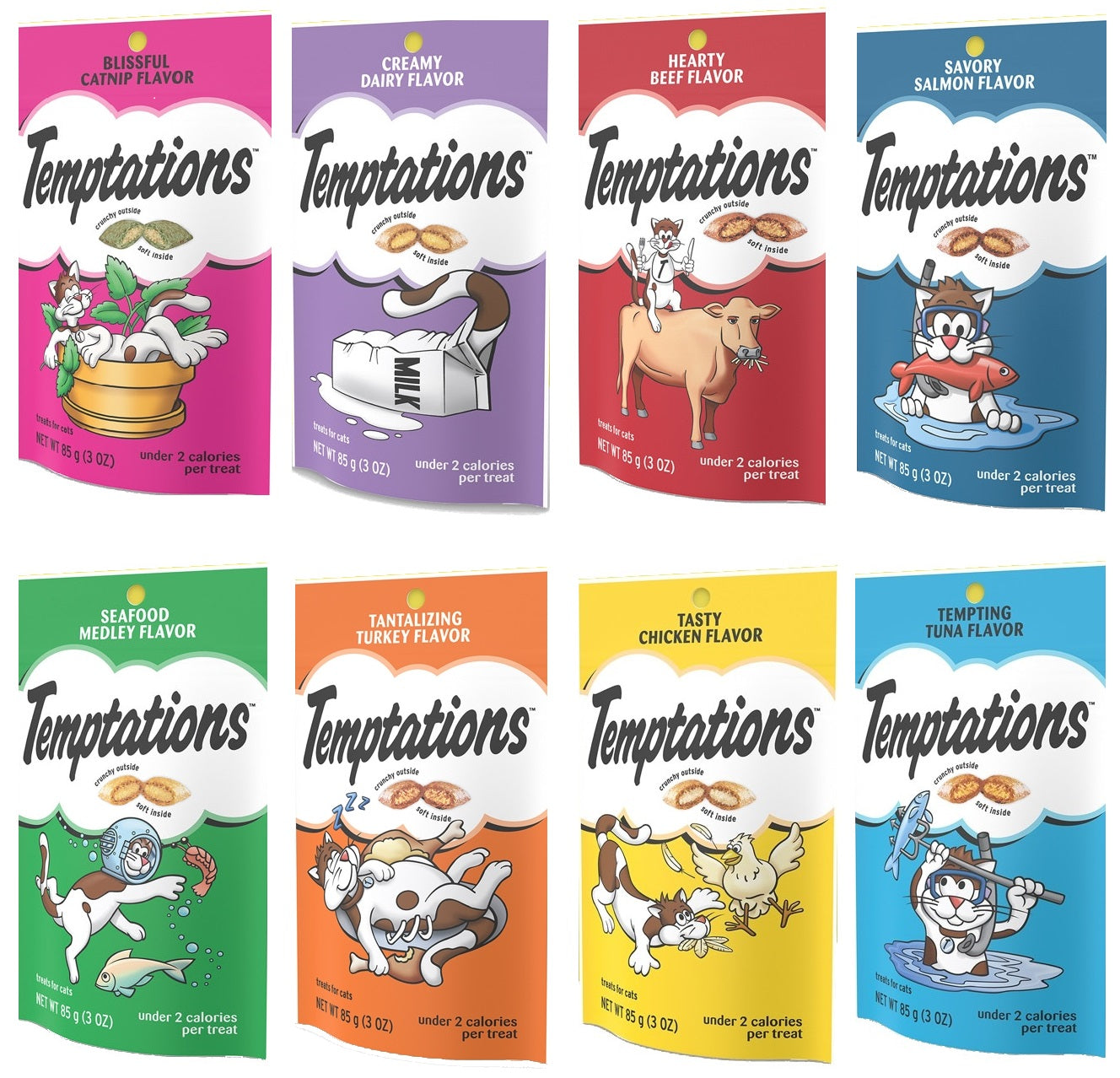 Temptation Classic Tasty Cat Treats Variety Pack 8 Flavors ( Tantalizing Turkey, Chicken, Hearty Beef, Tuna, Creamy Dairy, Blissful Catnip,Savory Salmon, Seafood Medley) 3oz Each with Petlewa Box